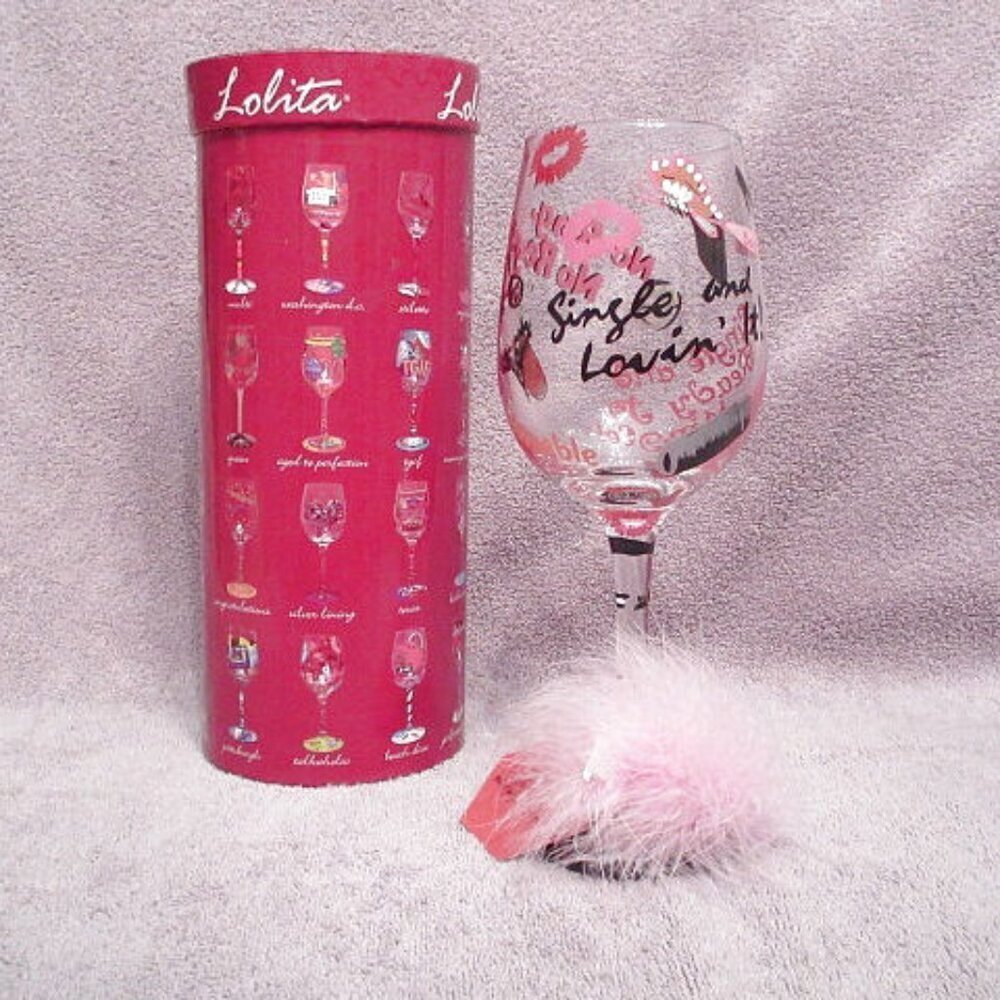 Lolita SINGLE & LOVIN IT Decorated WINE Glass RHINESTONES Social Butterfly LIPS